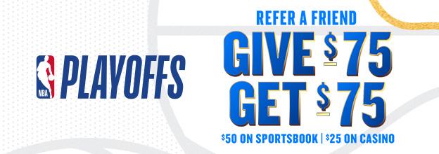 Promotion 3 of 10, Make the NBA Playoffs even more exciting on FanDuel. You and your friends will each get $50 in Bonus Bets on Sportsbook and $25 in Casino Credit when they join using your referral link!