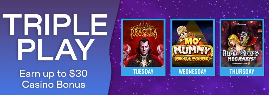 Wager $50 on "Mo' Mummy Mighty Pyramid" and Get a $5 Casino Bonus! Offer expires October 28 at 11:59pm ET. 