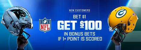 New Customers Bet $1+ and Get $100 in Bonus Bets if 1+ point is scored in the Panthers vs Packers Game.