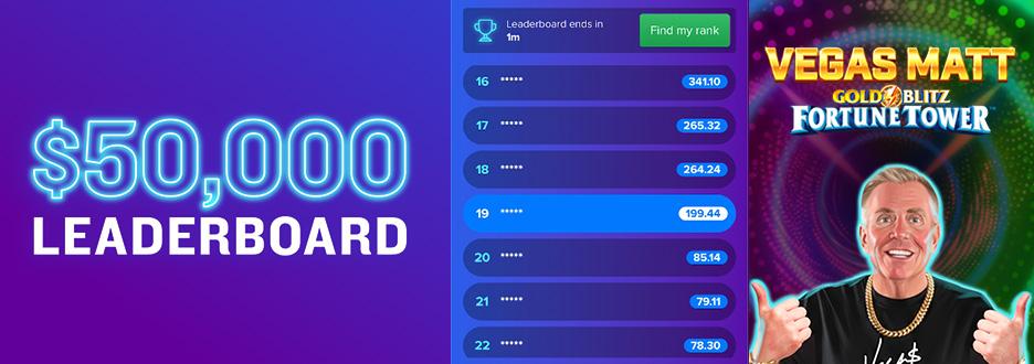 Go for a chance at a share of $50,000 in Casino Bonus with our Vegas Matt Gold Blitz Fortune Tower Win Boost Leaderboard! Rack up points based on how much you win. Ends 11:59pm on 5/24