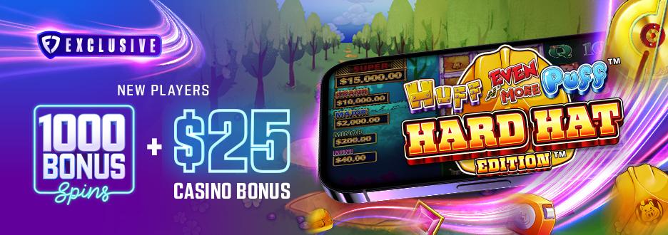 New players get 1000 Bonus Spins to play on Huff N’ Puff Slots! Plus, get $25 in Casino Bonus.