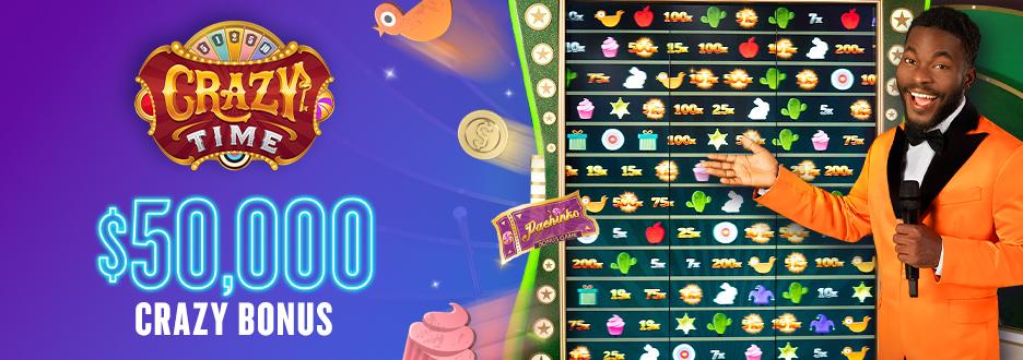 Now through 9/20, when you hit all four Crazy Time Bonus Round Games during the promotion period, you’ll win a share of the $50K Jackpot Bonus Drop.