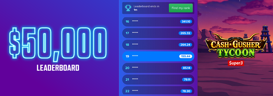 Go for a chance at a share of $50,000 in Casino Bonus with our Cash Gusher Tycoon Boost Leaderboard! Rack up points based on how much you win. Ends 11:59pm on 9/20