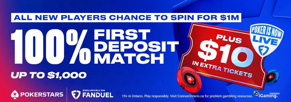 Visit PokerStars to opt in and deposit to get a 100% Deposit Match up to $1,000